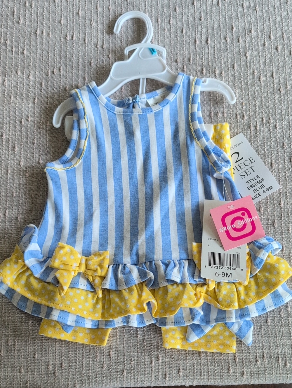 Blue & Yellow Striped Baby Dress Set with Polka Dot Ruffles